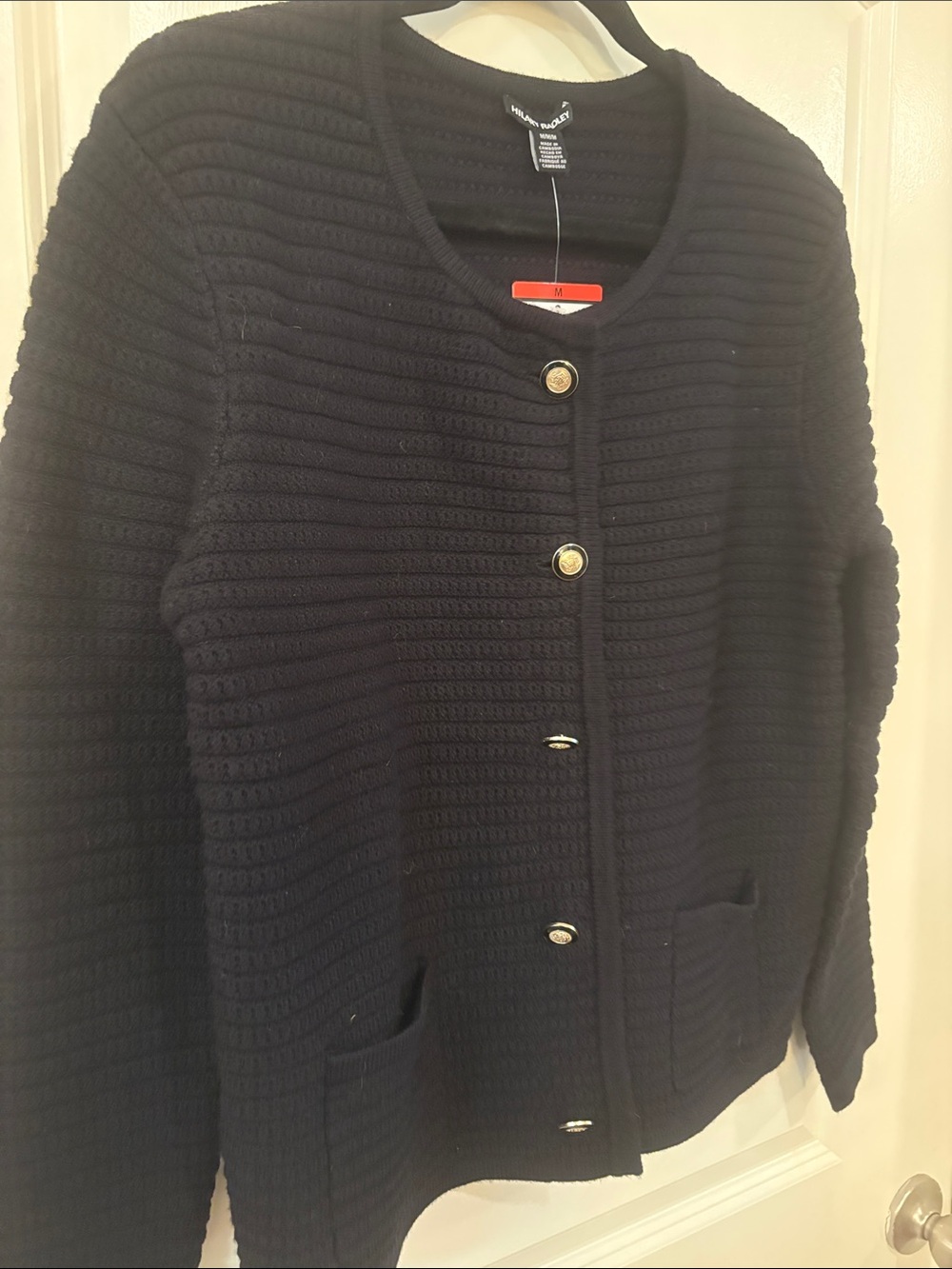 Hilary Radley Black Textured Crewneck Cardigan with Beautiful Buttons- Size M